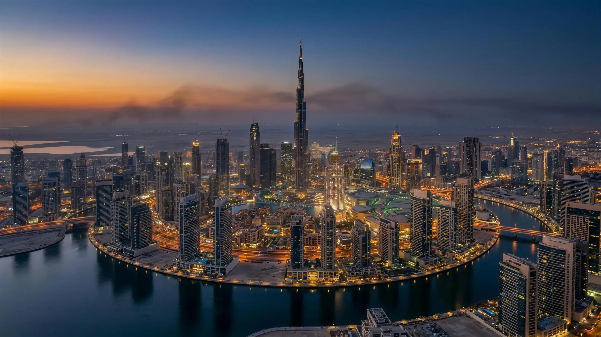 Dubai at dusk from the air