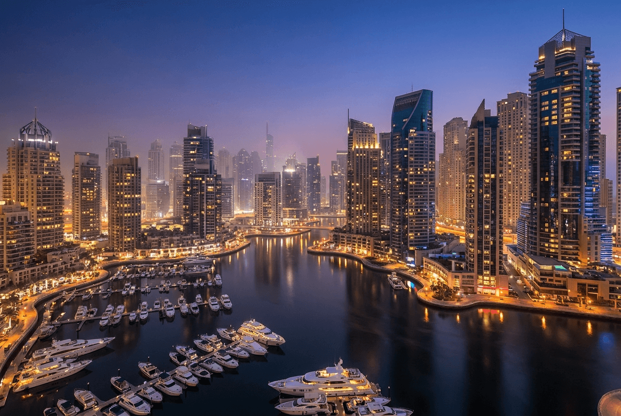 Dubai Marina at blue hour, illuminated towers reflected in the water