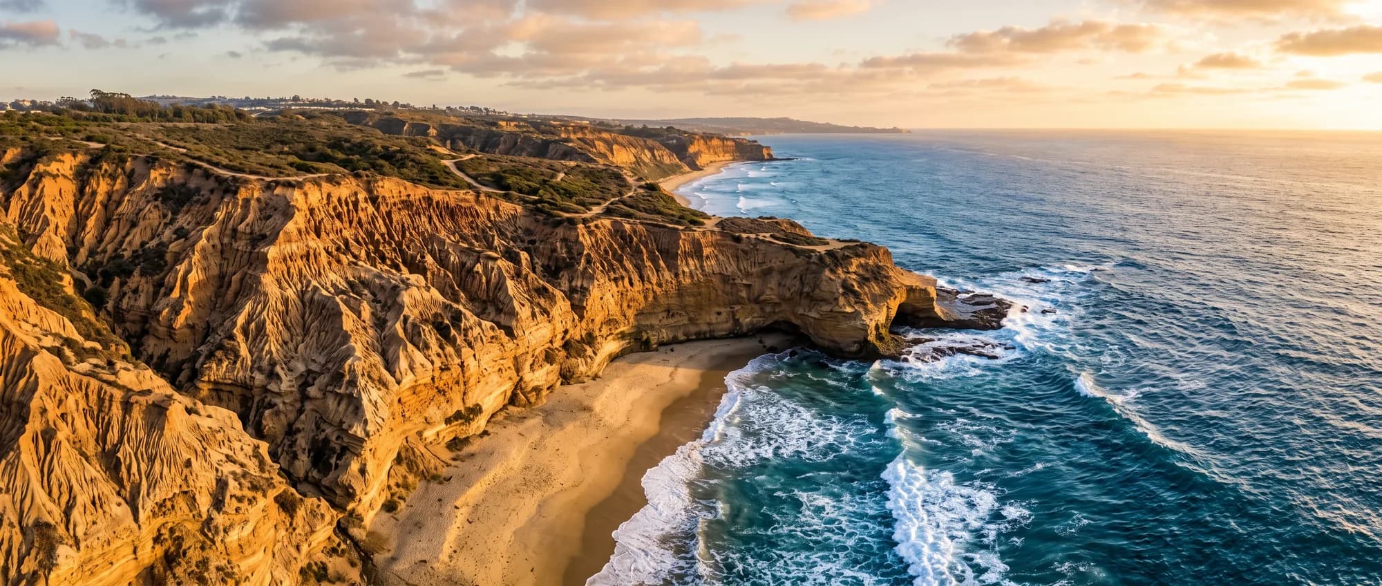 Aerial view of Southern California coastal cliffs at golden hour (concept imagery)