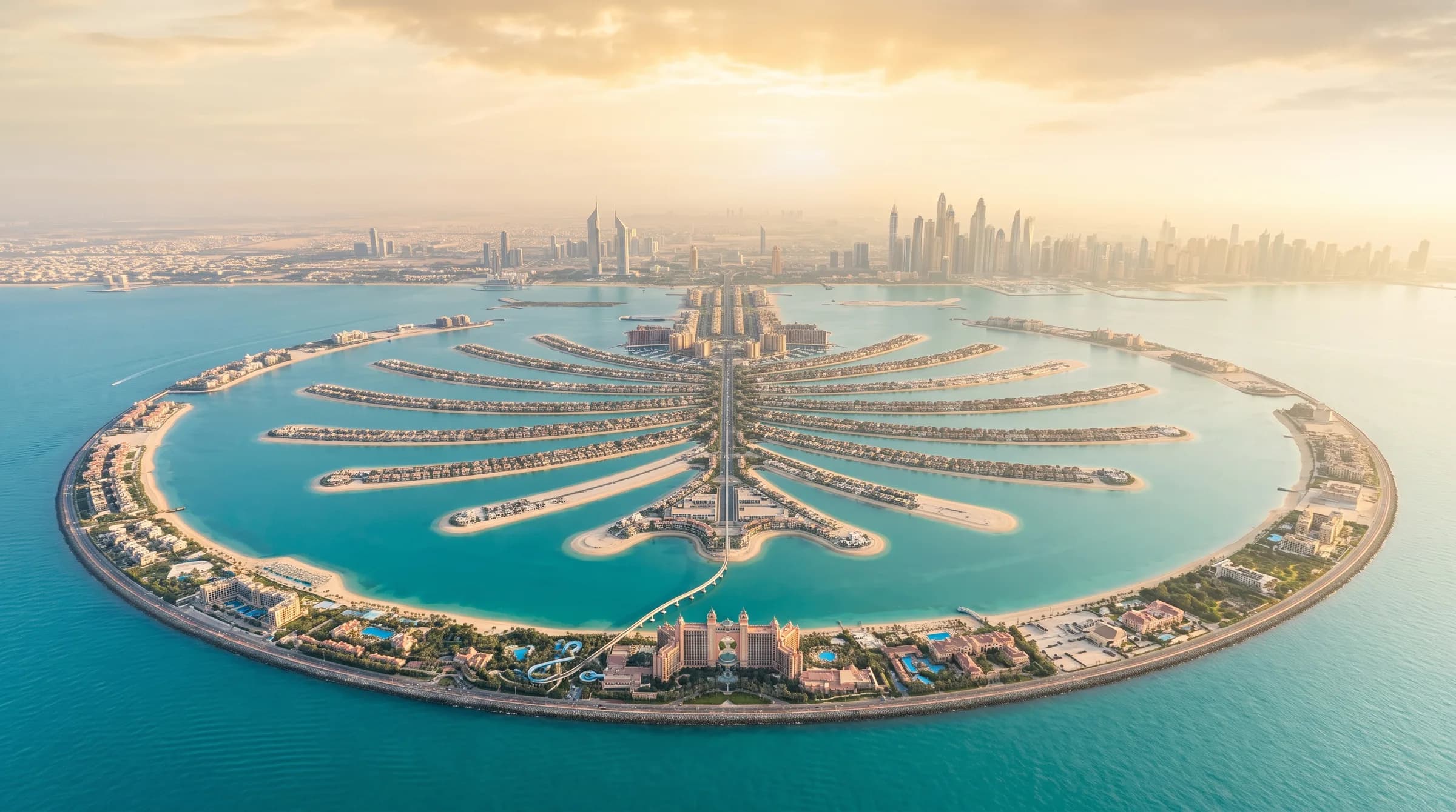 Aerial view of Palm Jumeirah, Dubai, at golden hour (concept imagery)
