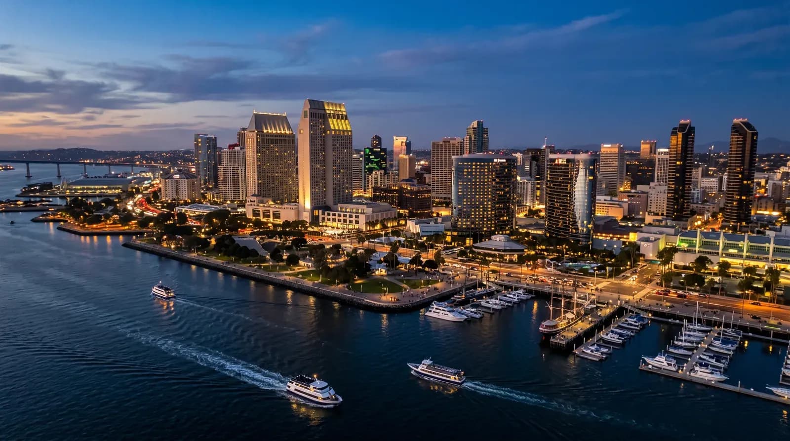 Downtown San Diego skyline and bay at dusk