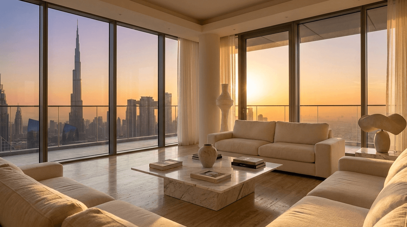 Luxury Dubai penthouse interior at golden hour, floor-to-ceiling windows over the skyline