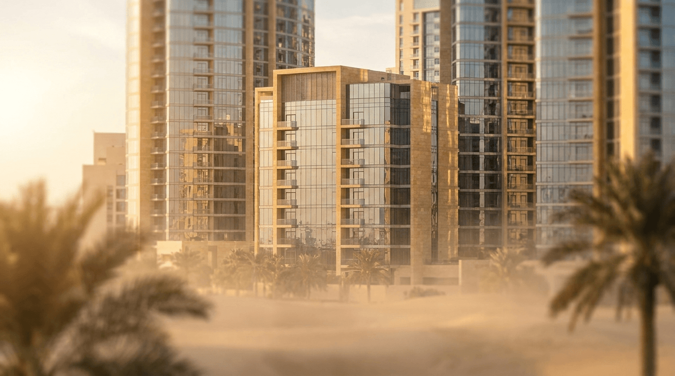 Contemporary luxury Dubai residential towers at golden hour