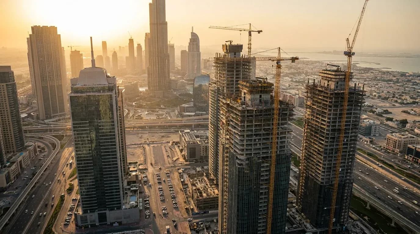 Dubai skyline with construction cranes and rising towers at sunrise