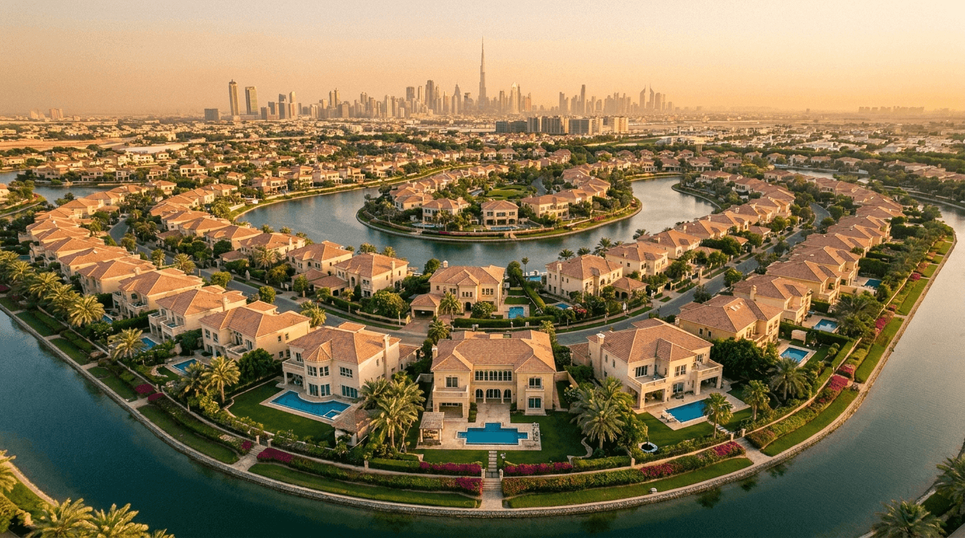 A manicured luxury Dubai residential community seen from the air at golden hour