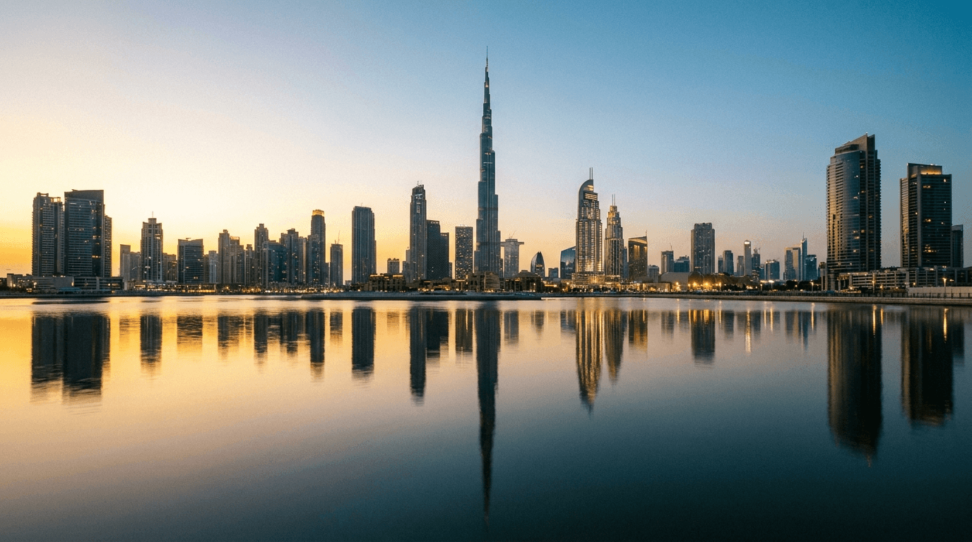 The Dubai skyline with Burj Khalifa at dusk
