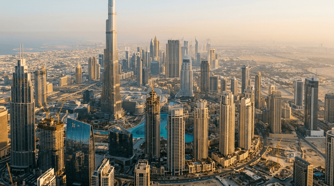 Aerial view of Downtown Dubai at golden hour