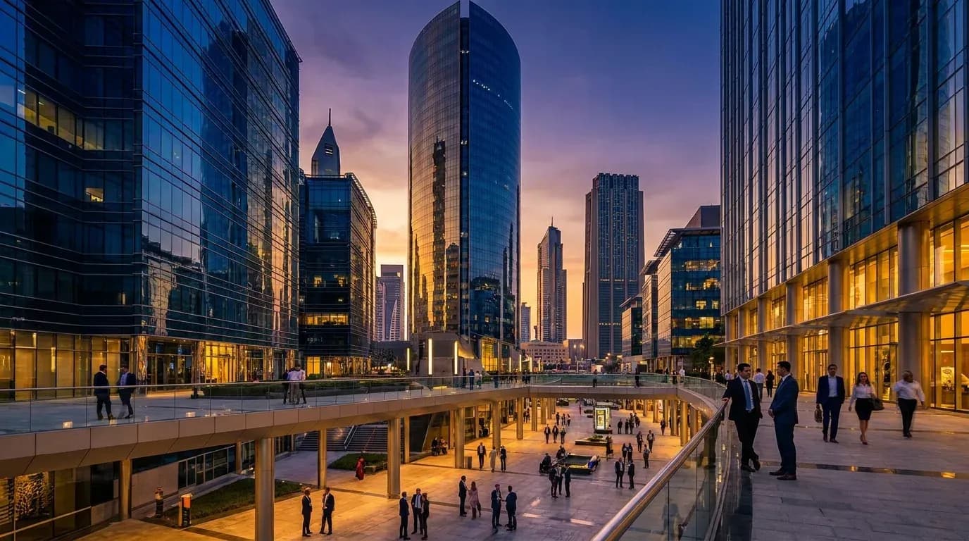 Dubai's financial district towers at dusk