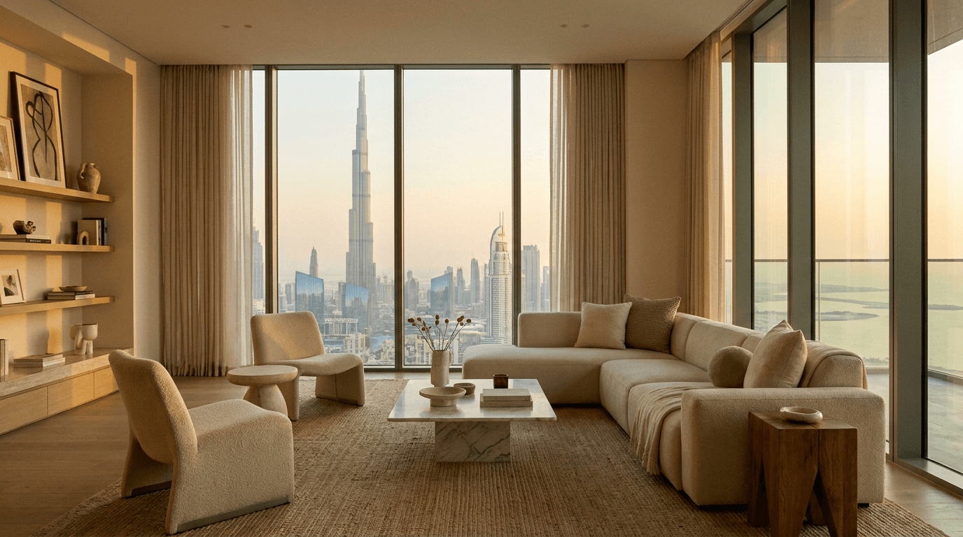 A serene, elegantly styled luxury Dubai apartment overlooking the city skyline