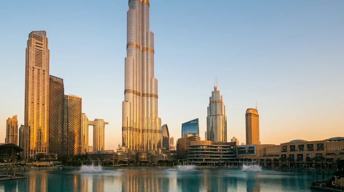 Downtown Dubai skyline and Burj Khalifa at golden hour
